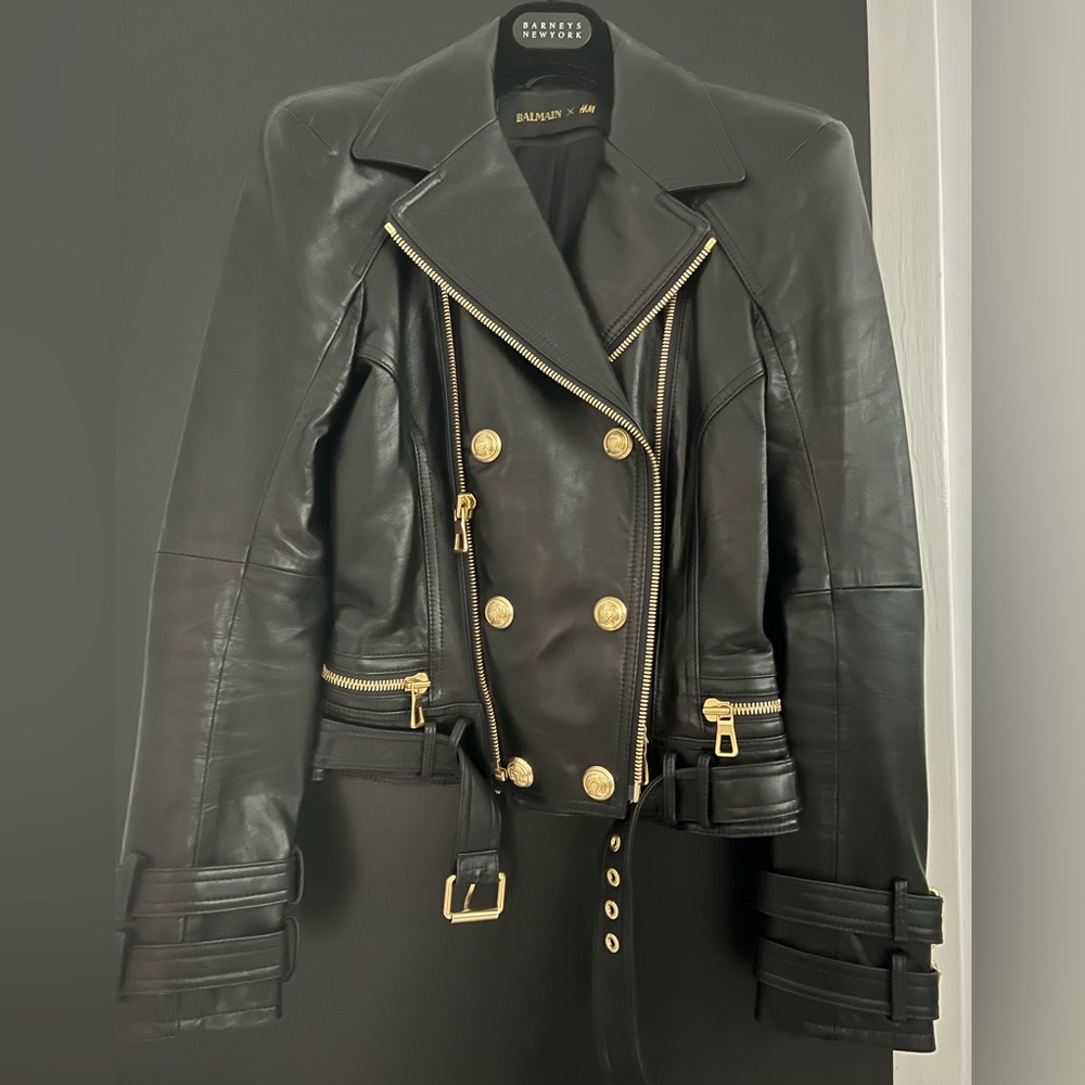 Balmain x H&M black leather jacket